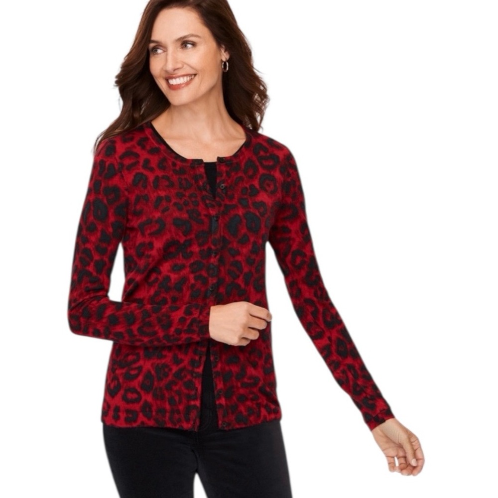 NWOT Talbots 100% Merino Wool Red & Black Leopard Print Long Sleeve Cardigan